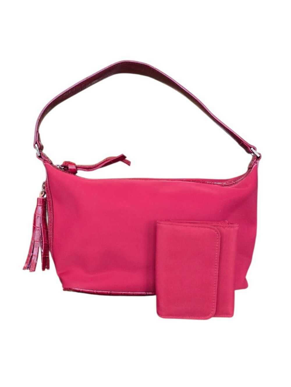 Red Nylon Shoulder Bag Trifold Wallet Set